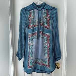 Silk Tolani Ellie Circles Long Sleeve Button Down Tunic Top Blouse Blue Sz S